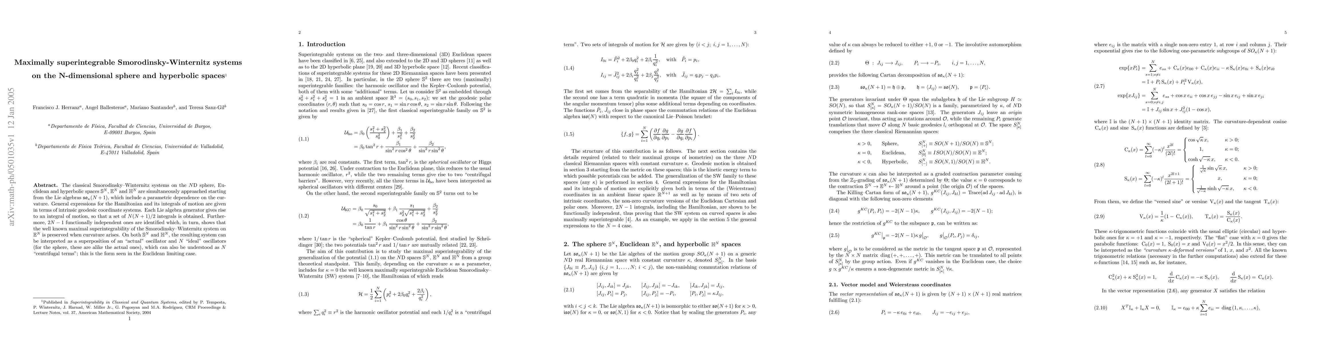 Thumbnail for Maximally superintegrable Smorodinsky-Winternitz systems on the
  N-dimensional sphere and hyperbolic spaces