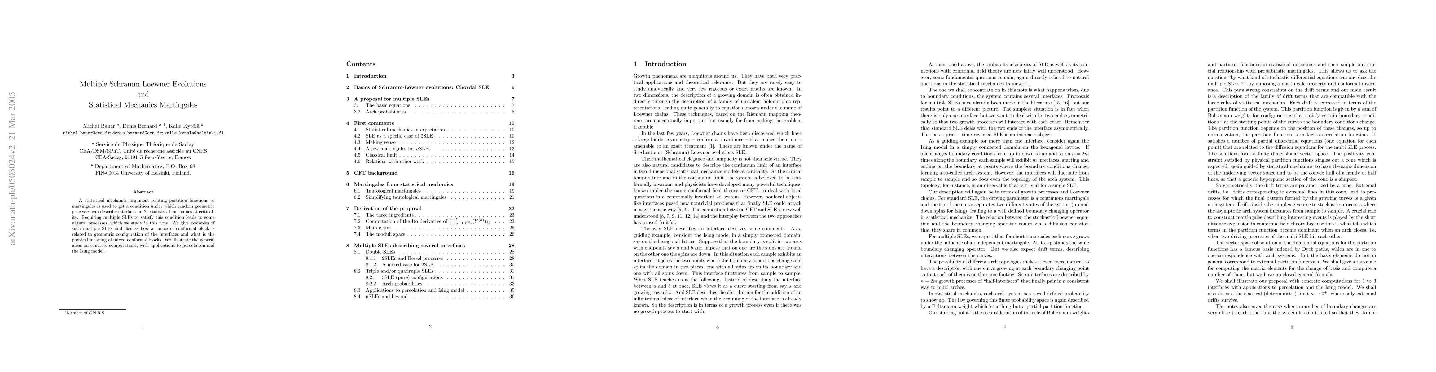 Thumbnail for Multiple Schramm-Loewner Evolutions and Statistical Mechanics
  Martingales
