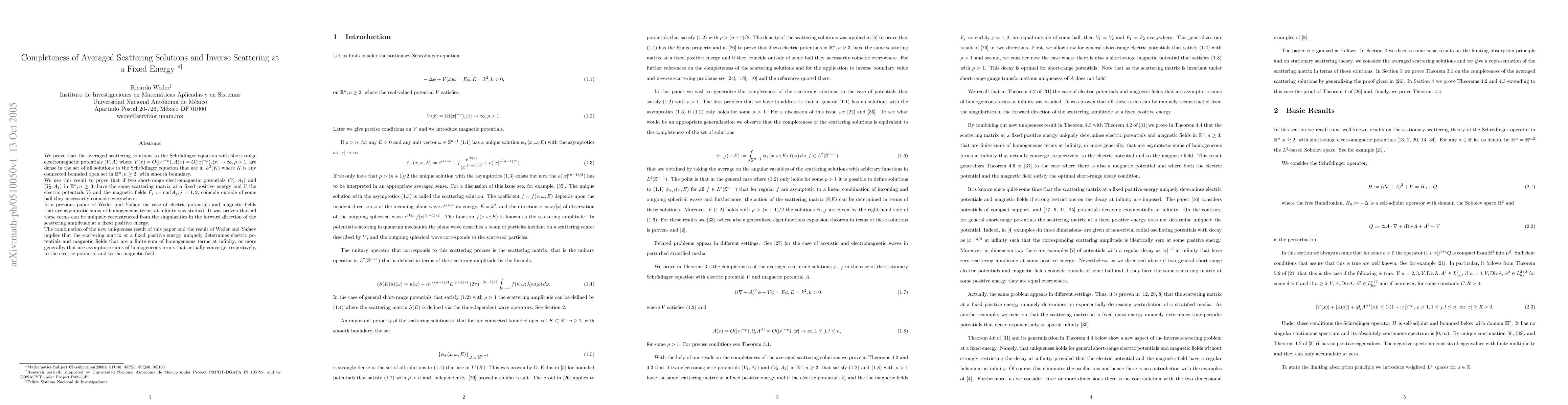 Thumbnail for Completeness of Averaged Scattering Solutions and Inverse Scattering at
  a Fixed Energy