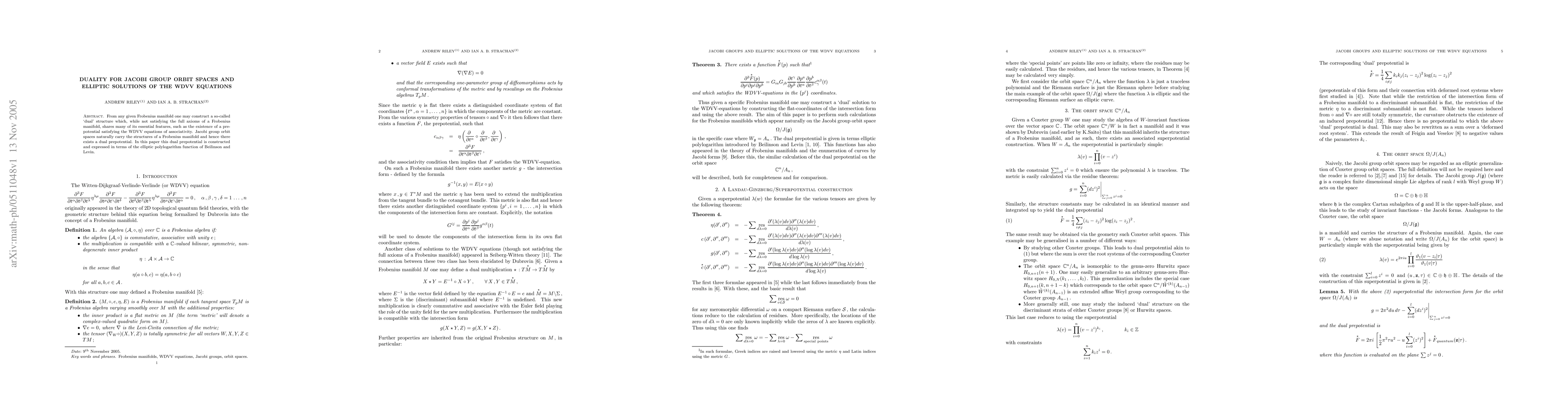 Thumbnail for Duality for Jacobi group orbit spaces and elliptic solutions of the WDVV
  equations