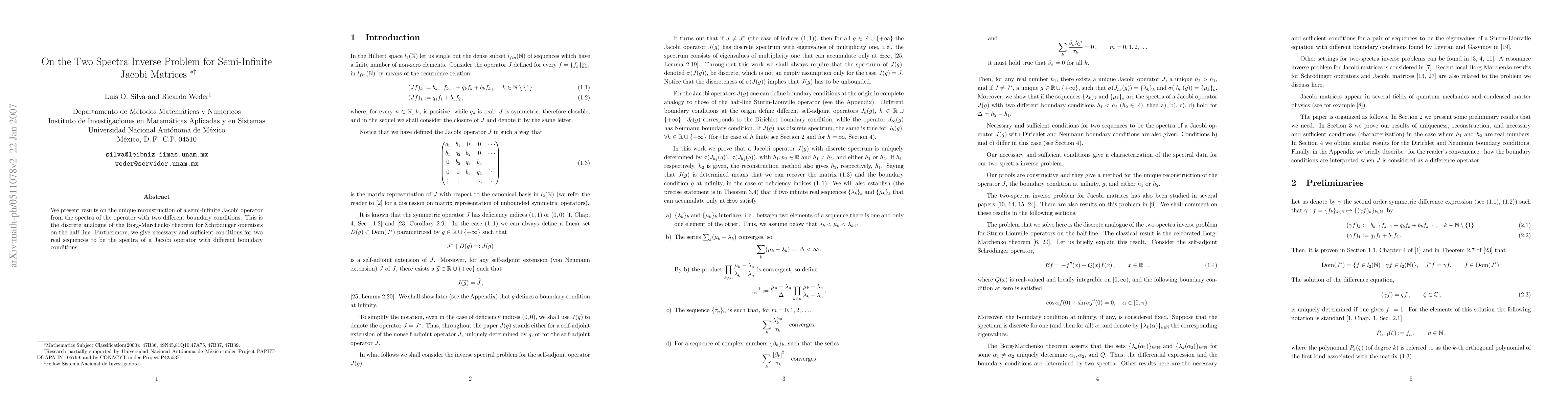 Thumbnail for On the Two Spectra Inverse Problem for Semi-Infinite Jacobi Matrices