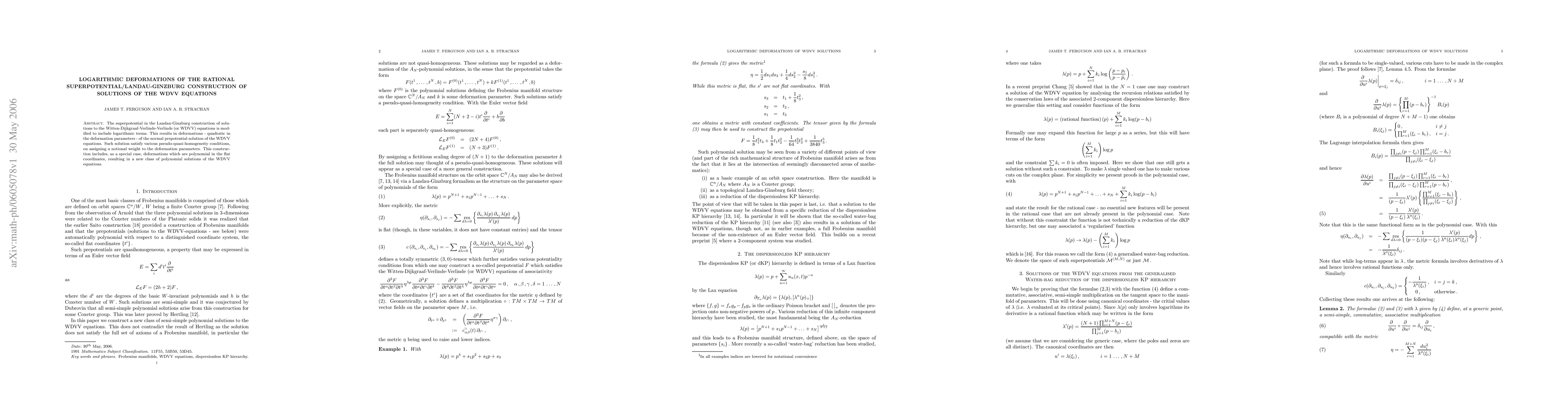 Thumbnail for Logarithmic deformations of the rational superpotential/Landau-Ginzburg
  construction of solutions of the WDVV equations