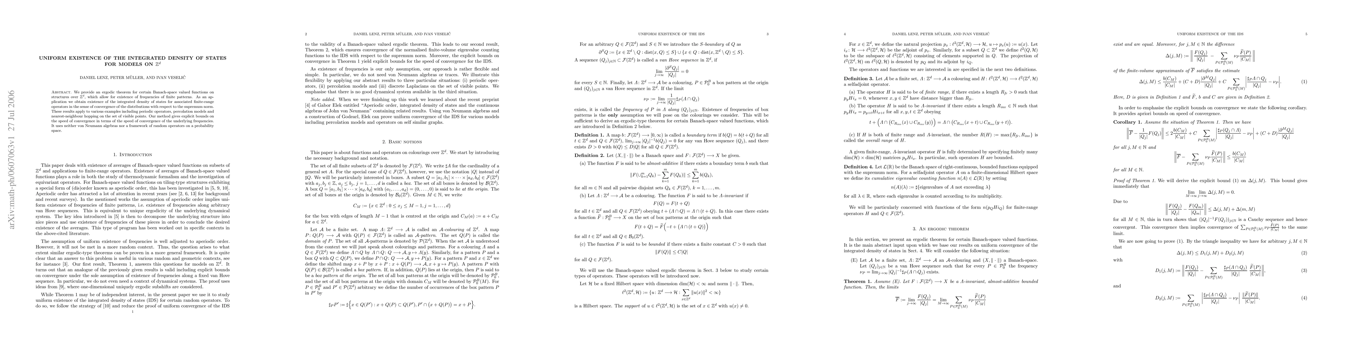Thumbnail for Uniform existence of the integrated density of states for models on
  $\ZZ^d$