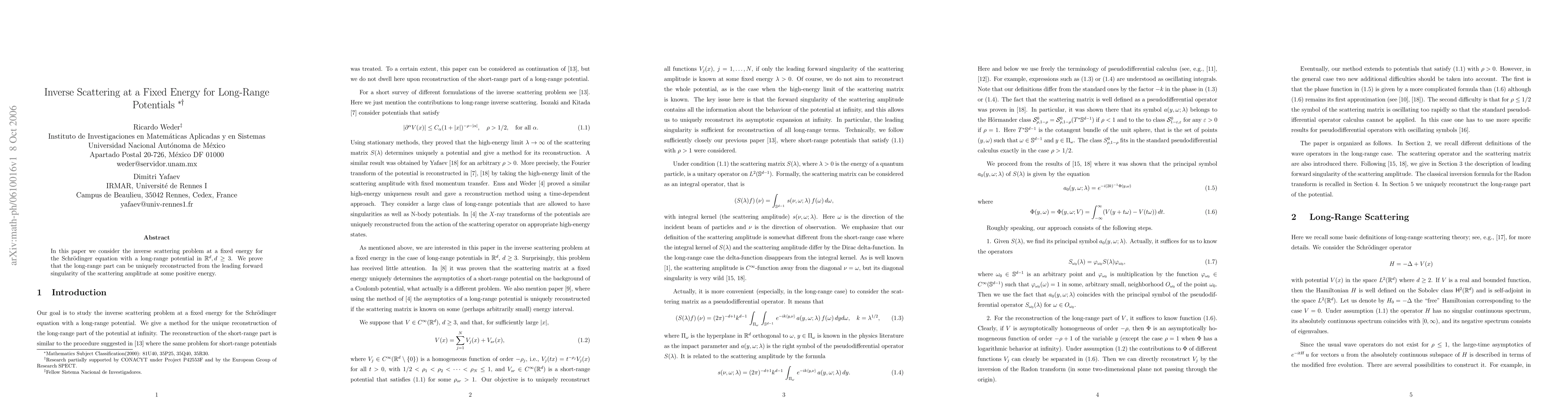 Thumbnail for Inverse Scattering at a Fixed Energy for Long-Range Potentials