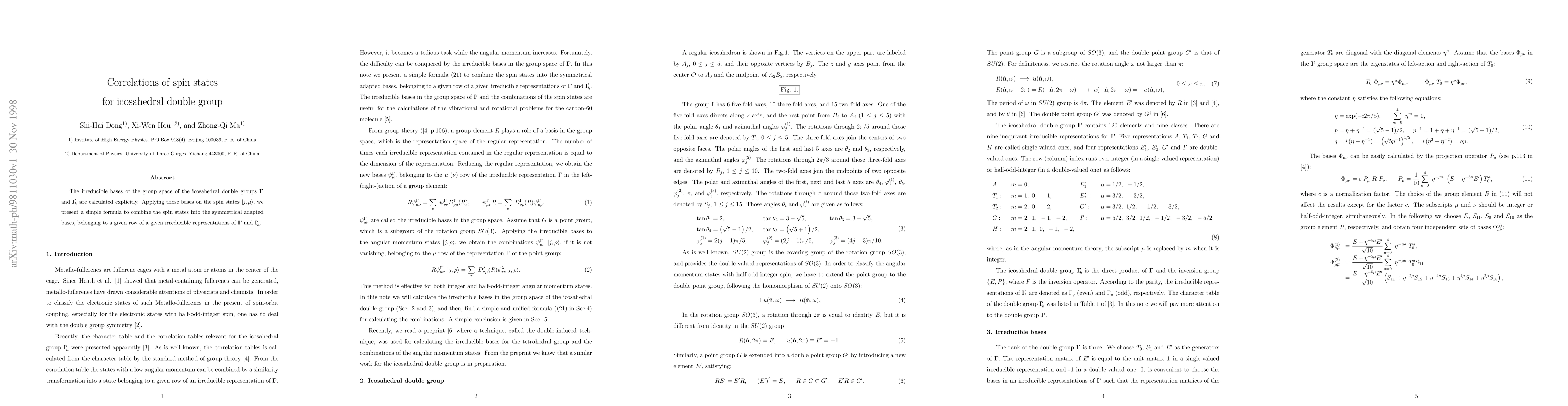 Thumbnail for Correlations of spin states for icosahedral double group