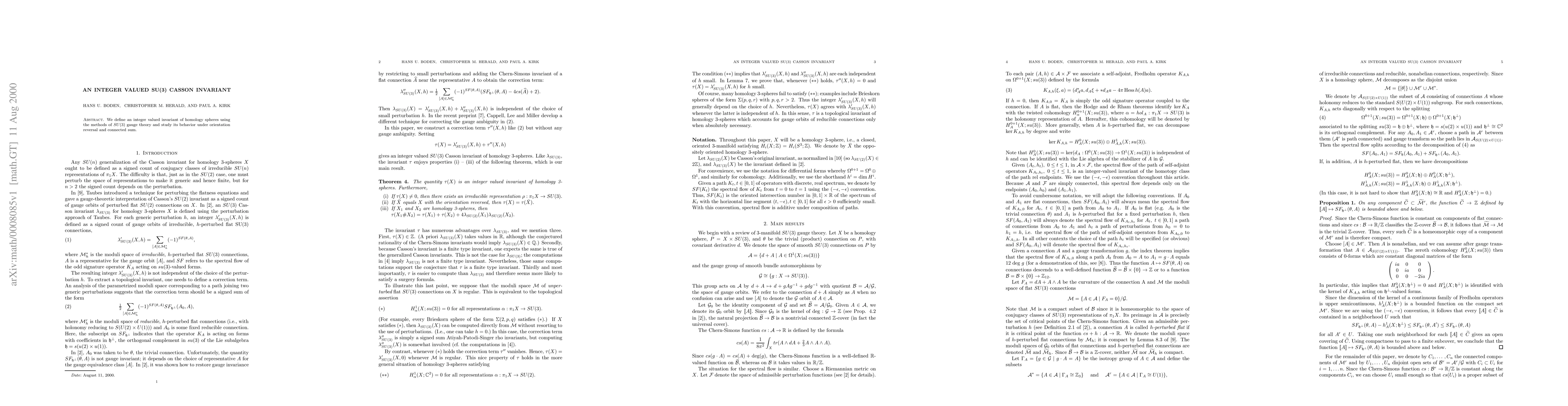 Thumbnail for An integer valued SU(3) Casson invariant