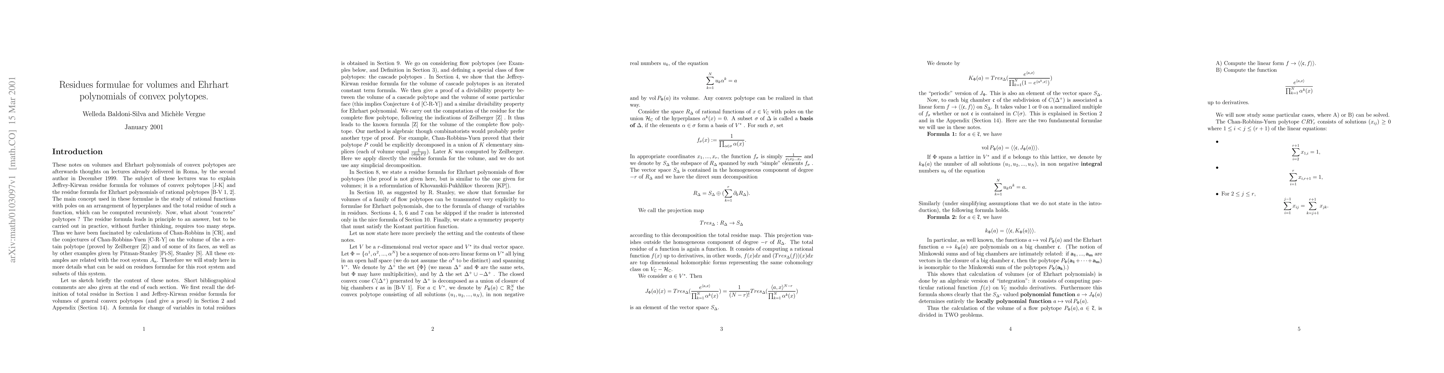Thumbnail for Residues formulae for volumes and Ehrhart polynomials of convex
  polytopes