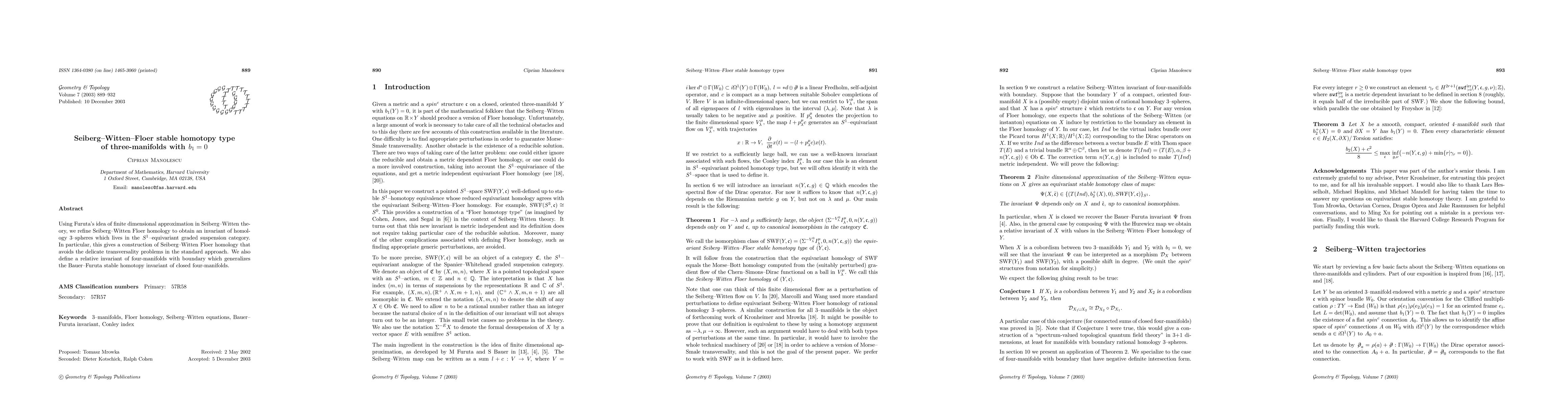 Thumbnail for Seiberg-Witten-Floer stable homotopy type of three-manifolds with b_1=0