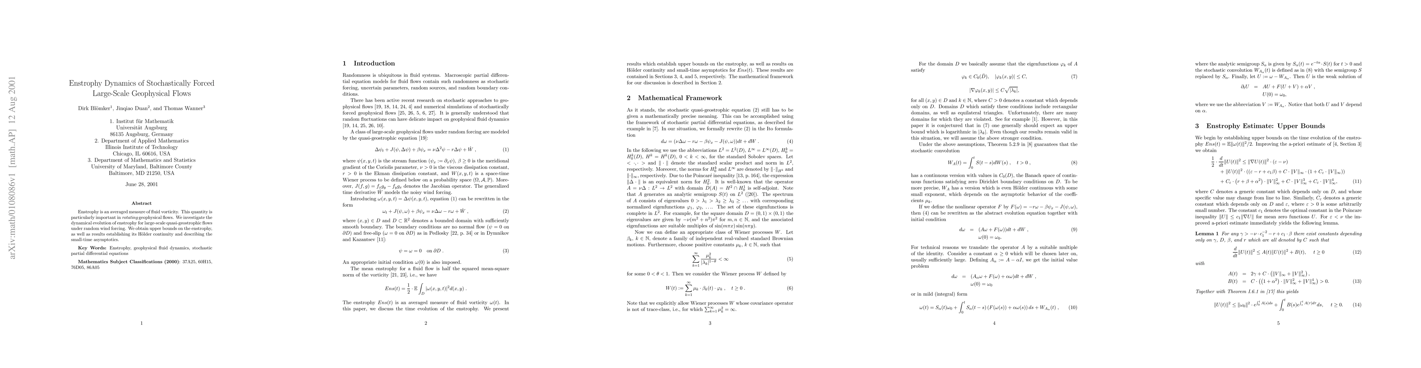 Thumbnail for Enstrophy Dynamics of Stochastically Forced Large-Scale Geophysical
  Flows