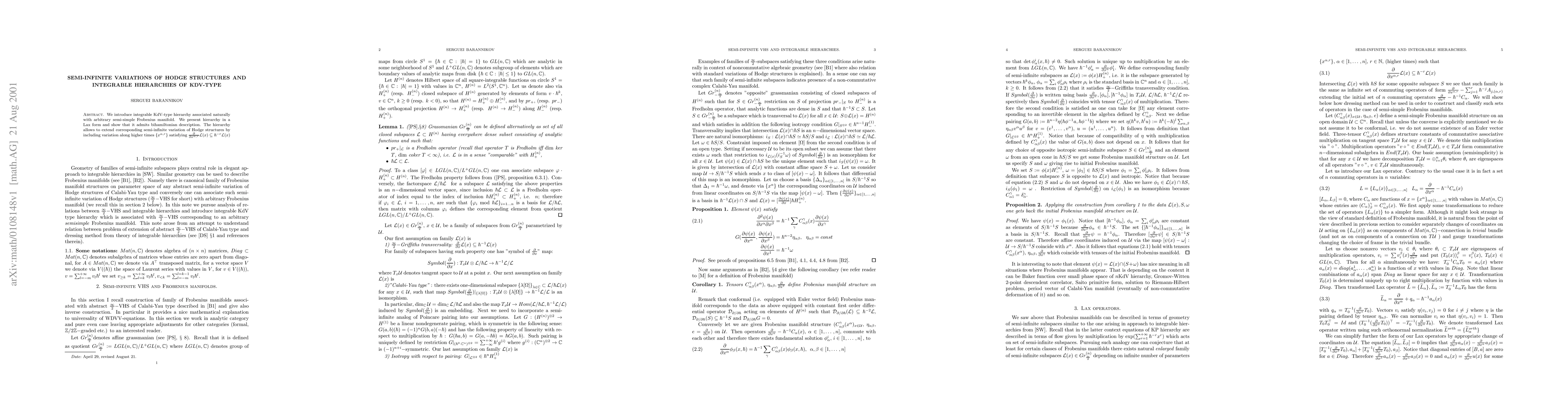 Thumbnail for Semi-infinite variations of Hodge structures and integrable hierarchies
  of KdV type