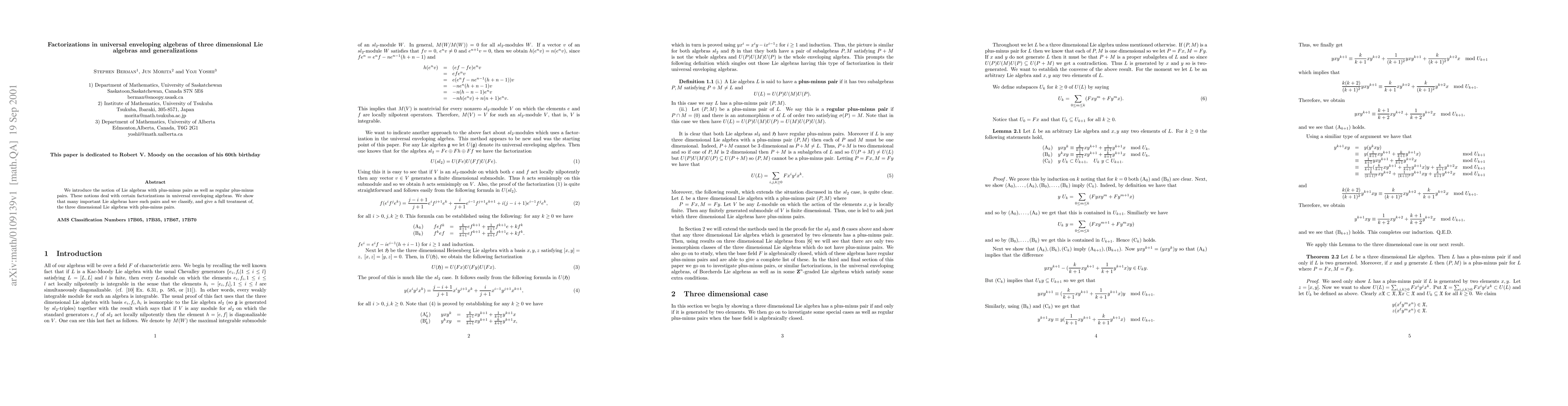 Thumbnail for Factorizations in Universal Enveloping algebras of three dimensional Lie
  algebras and generalizations