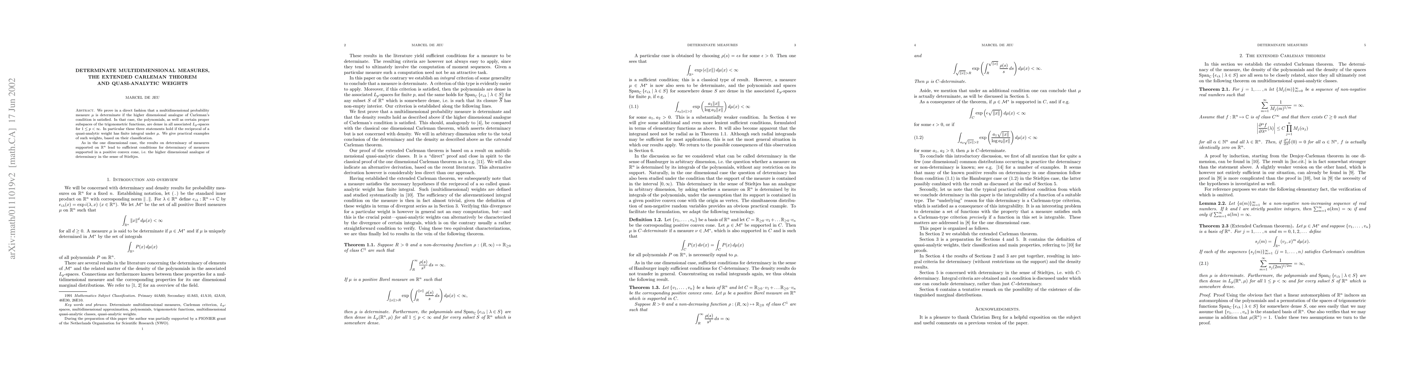Thumbnail for Determinate multidimensional measures, the extended Carleman theorem and
  quasi-analytic weights
