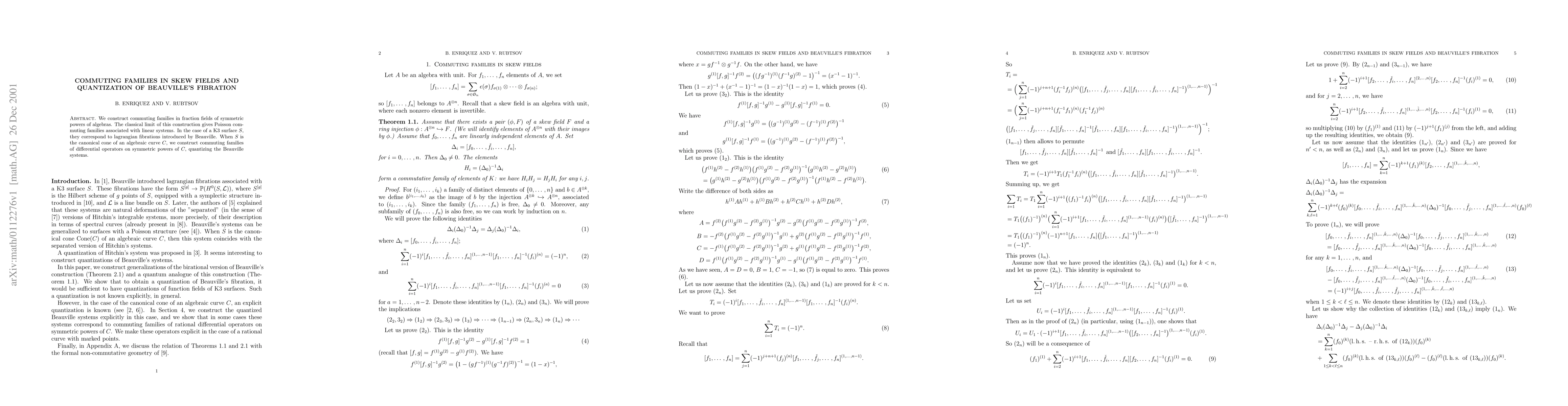 Thumbnail for Commuting families in skew fields and quantization of Beauville's
  fibration