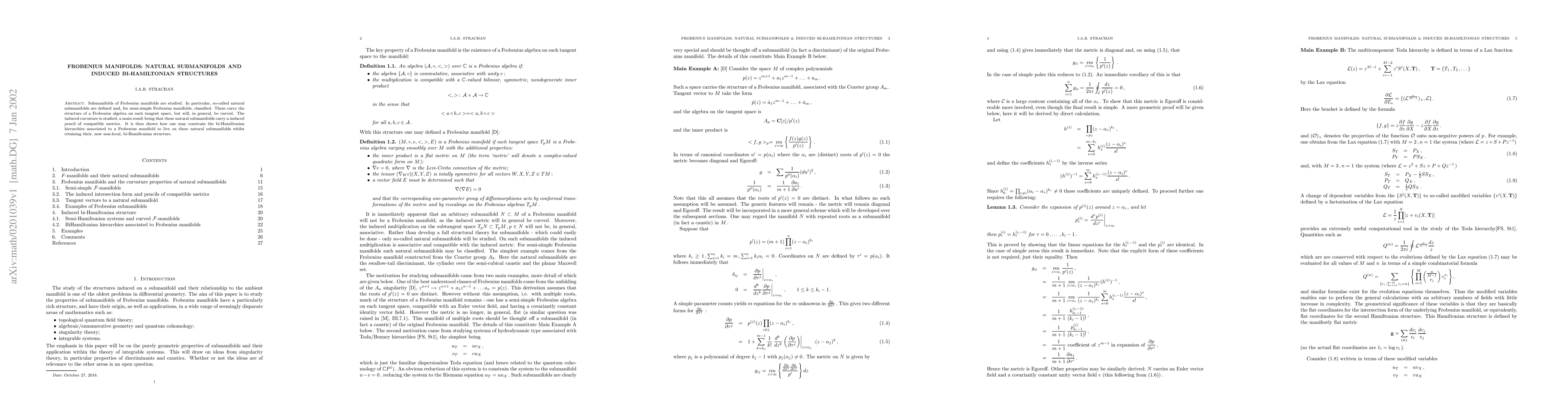 Thumbnail for Frobenius Manifolds: Natural submanifolds and induced bi-Hamiltonian
  structures