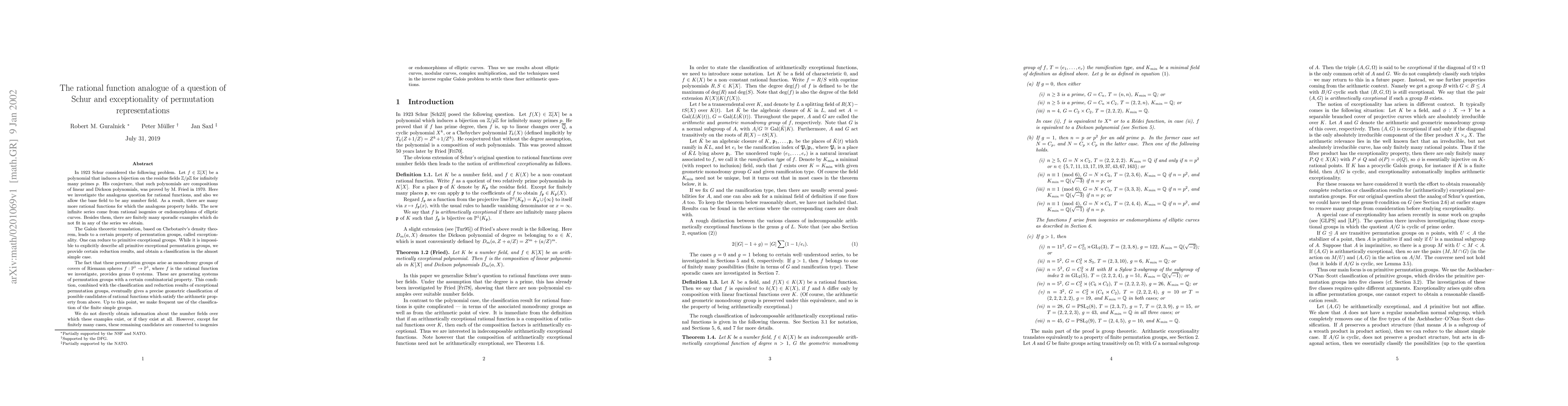 Thumbnail for The rational function analogue of a question of Schur and exceptionality
  of permutation representations