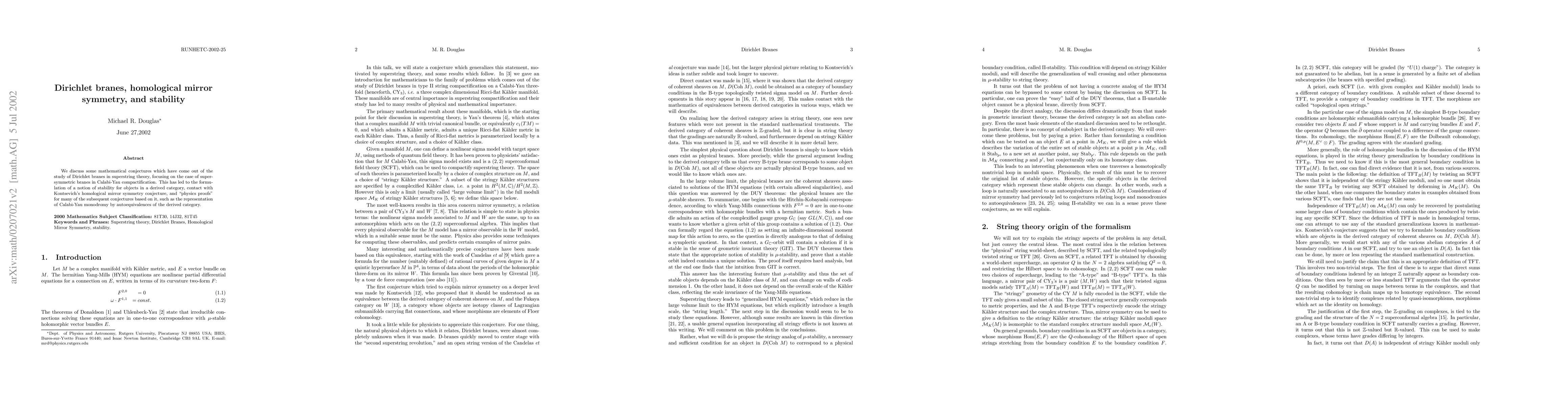 Thumbnail for Dirichlet branes, homological mirror symmetry, and stability