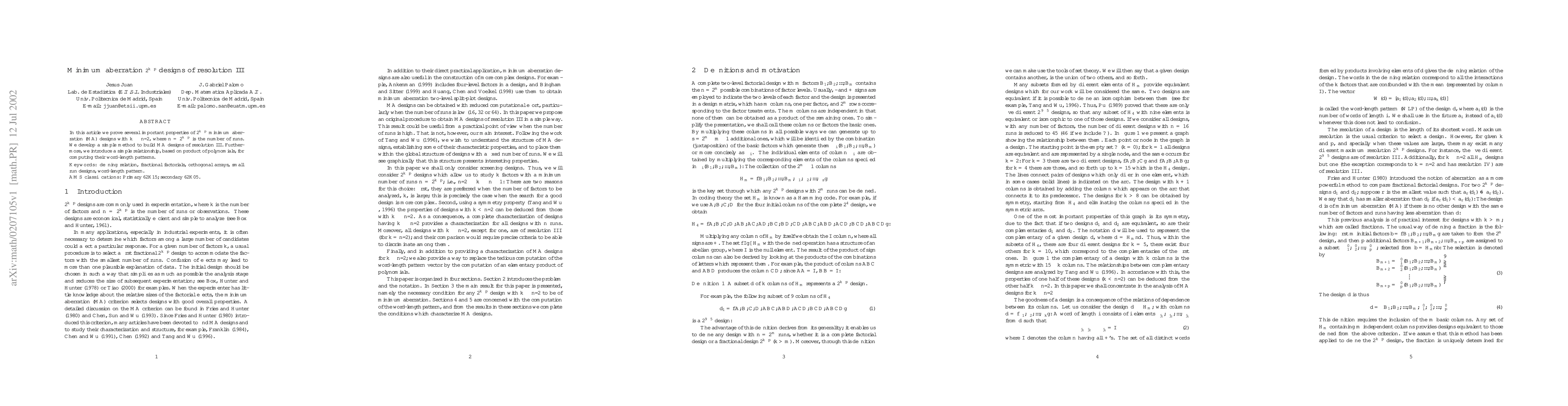 Thumbnail for Minimum aberration designs of resolution III