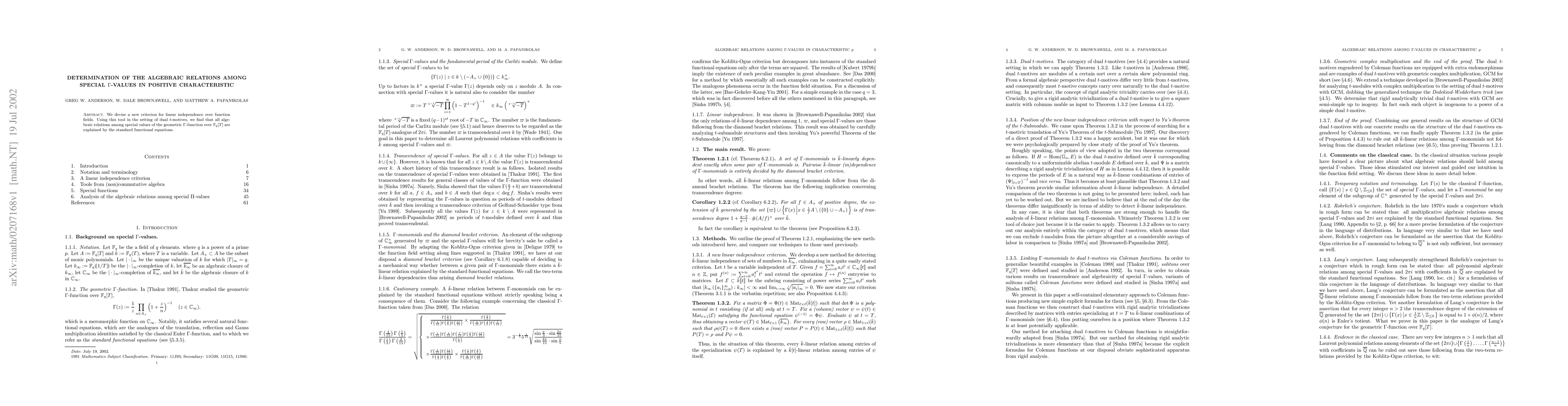 Thumbnail for Determination of the algebraic relations among special Gamma-values in
  positive characteristic