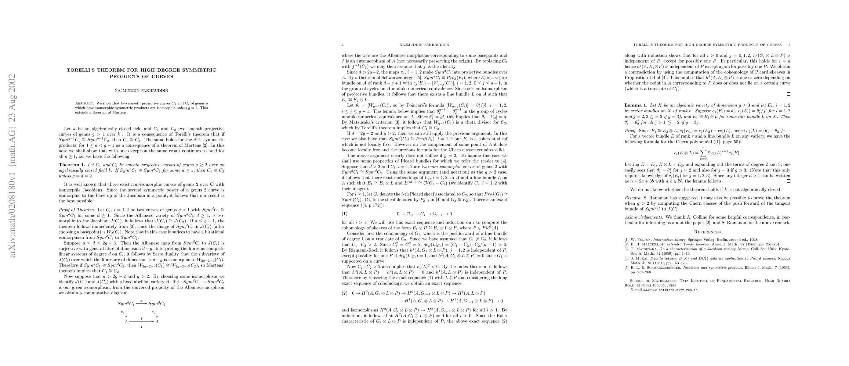 Thumbnail for Torelli's theorem for high degree symmetric products of curves
