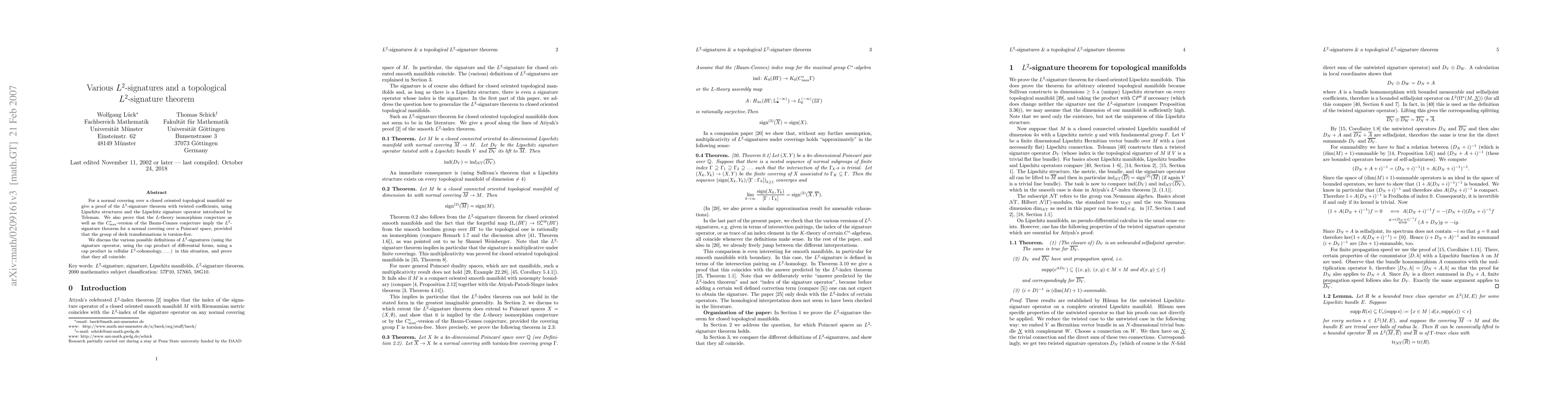 Thumbnail for Various L2-signatures and a topological L2-signature theorem