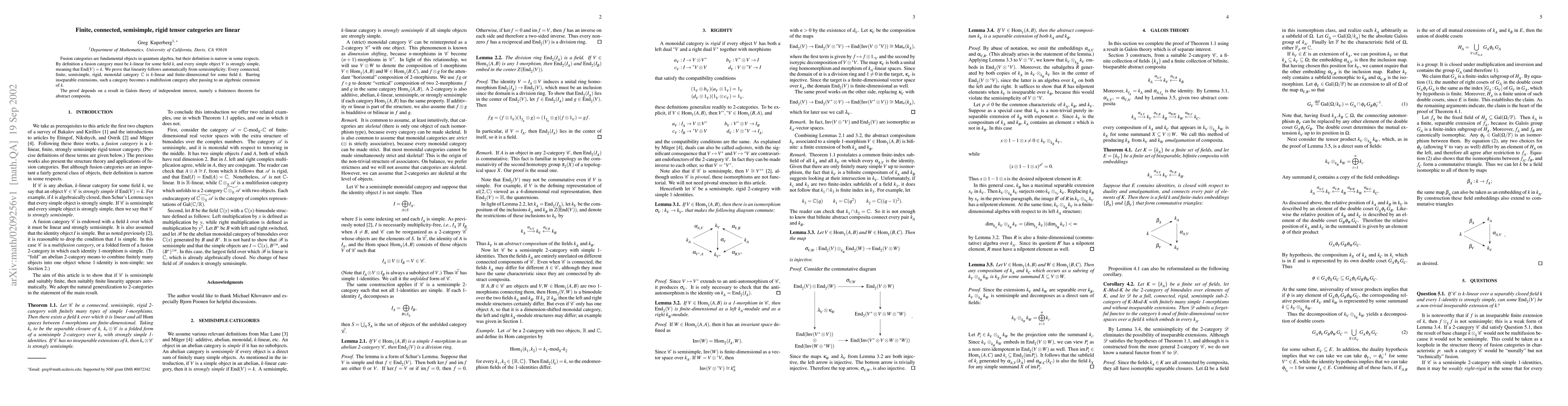 Thumbnail for Finite, connected, semisimple, rigid tensor categories are linear