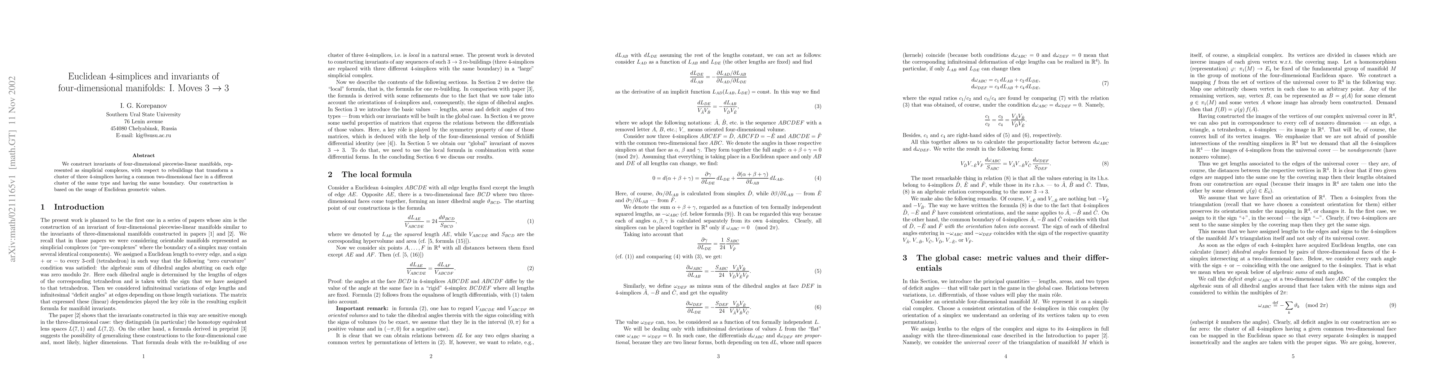 Thumbnail for Euclidean 4-simplices and invariants of four-dimensional manifolds: I.
  Moves 3 -> 3