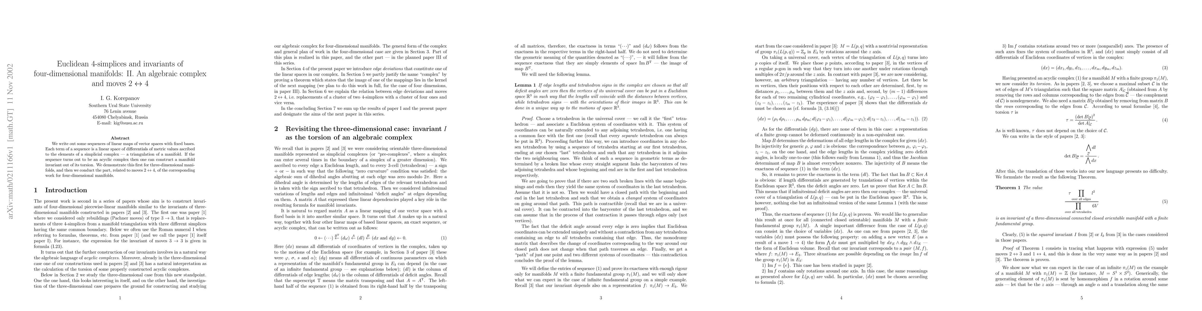 Thumbnail for Euclidean 4-simplices and invariants of four-dimensional manifolds: II.
  An algebraic complex and moves 2 <-> 4
