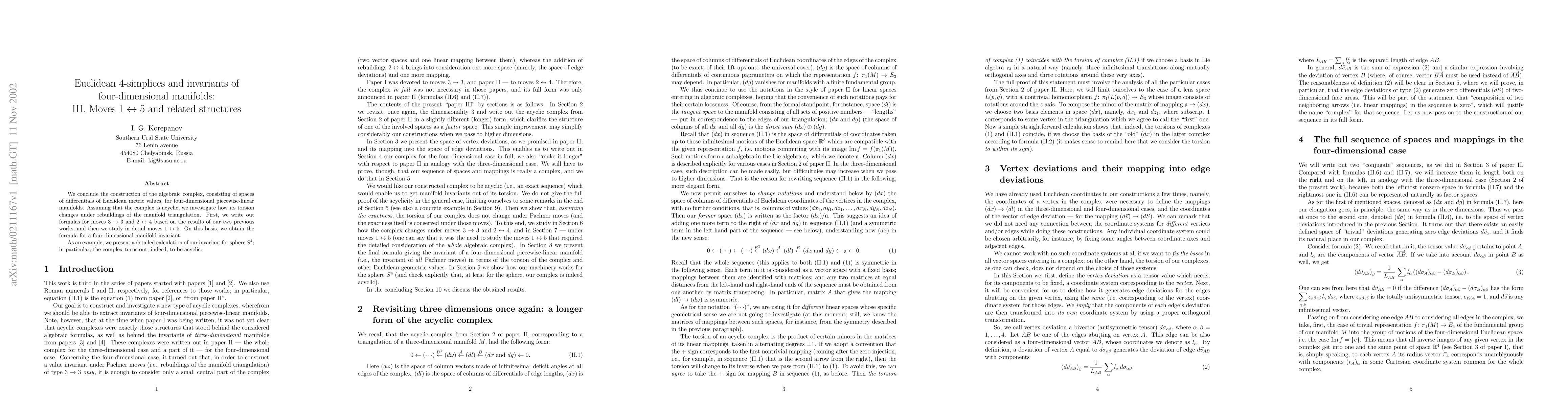 Thumbnail for Euclidean 4-simplices and invariants of four-dimensional manifolds: III.
  Moves 1 <-> 5 and related structures