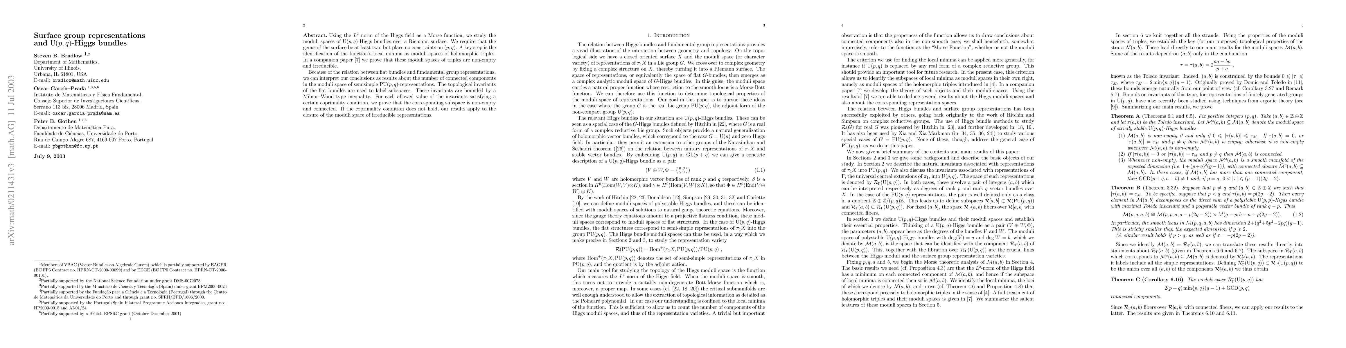 Thumbnail for Surface group representations in PU(p,q) and Higgs bundles