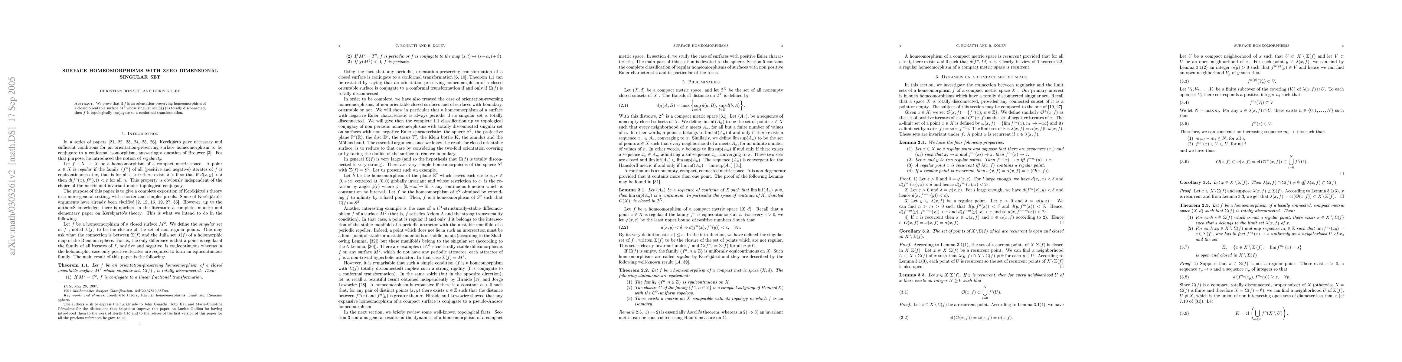 Thumbnail for Surface homeomorphisms with zero dimensional singular set