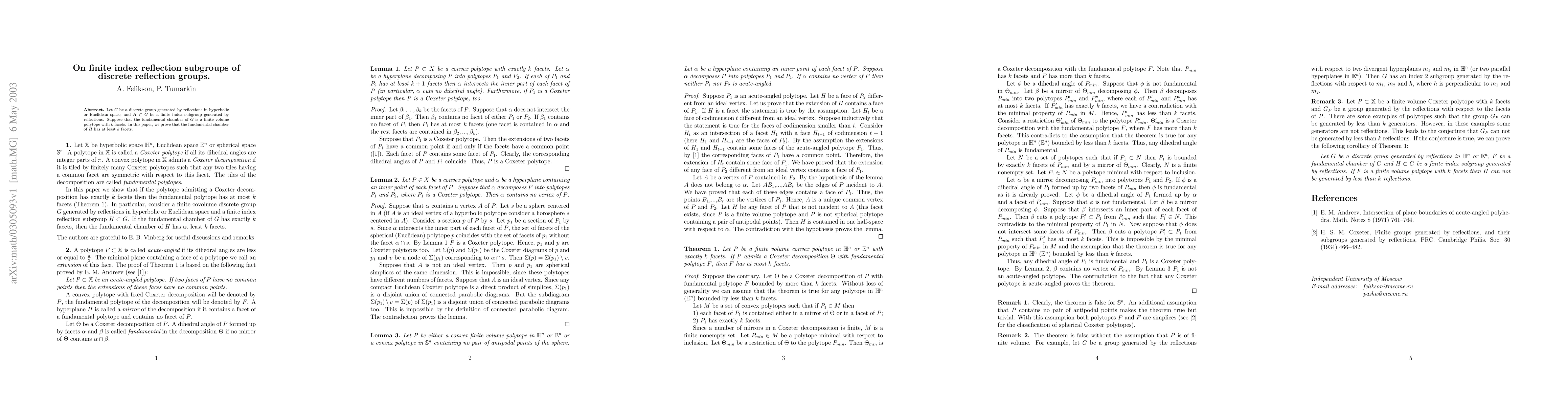 Thumbnail for On finite index reflection subgroups of discrete reflection groups