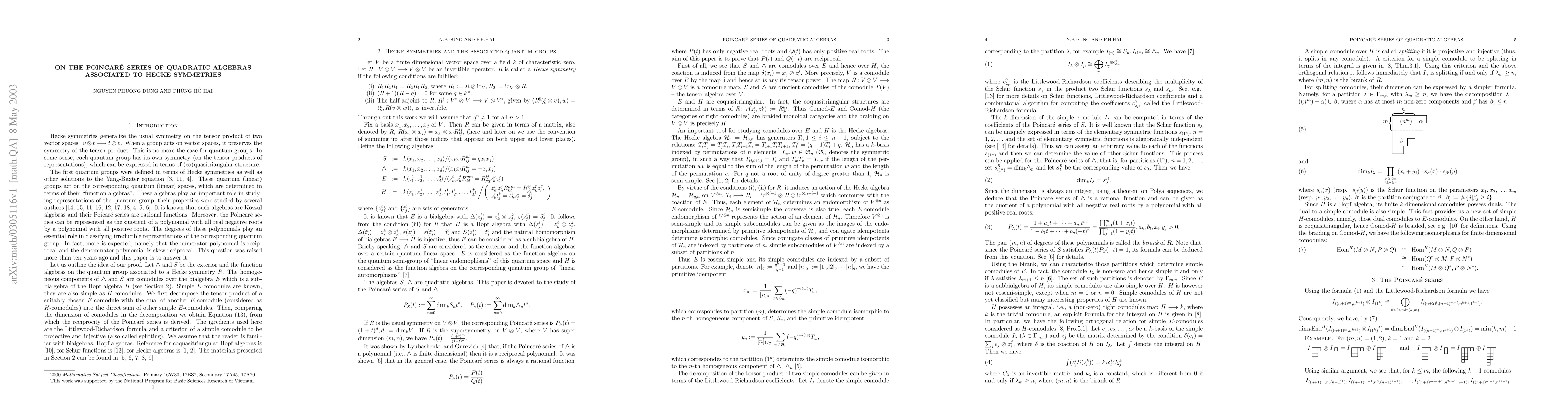 Thumbnail for On The Poincare Series of Quadratic Algebras Associated to Hecke
  Symmetries