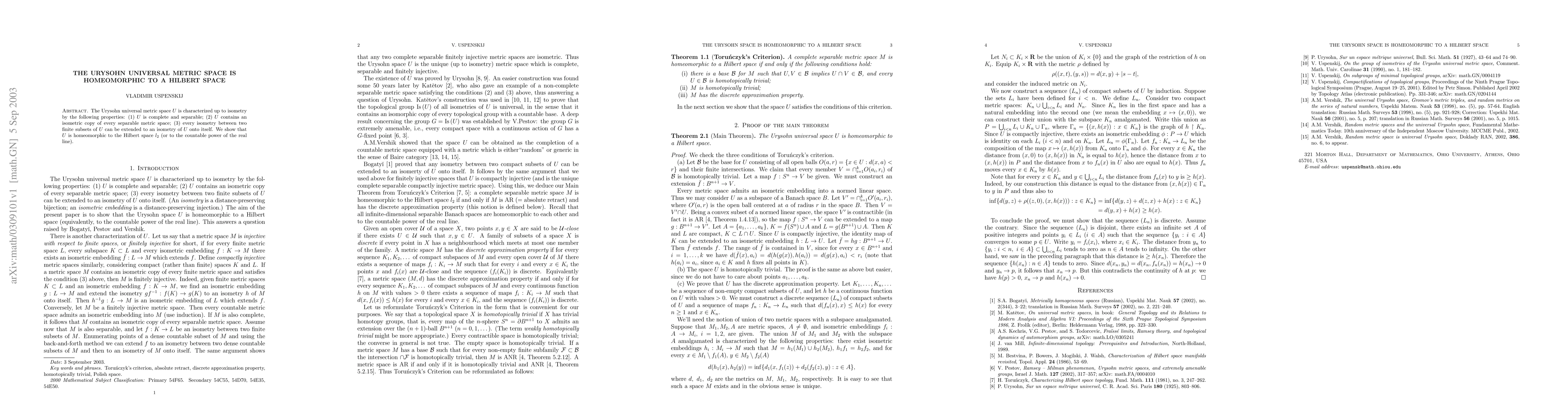 Thumbnail for The Urysohn universal metric space is homeomorphic to a Hilbert space