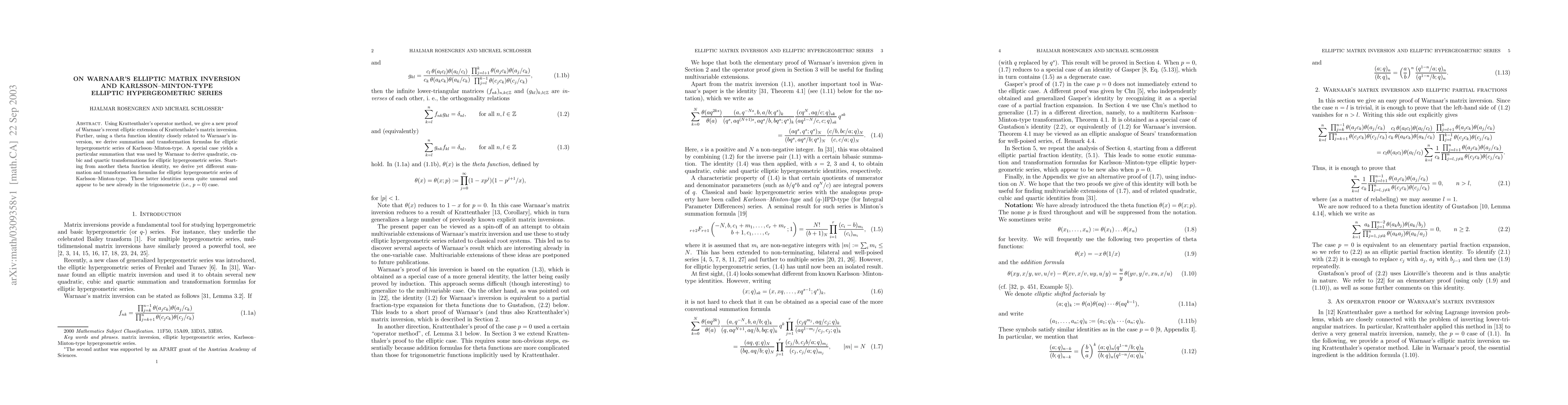 Thumbnail for On Warnaar's elliptic matrix inversion and Karlsson-Minton-type elliptic
  hypergeometric series