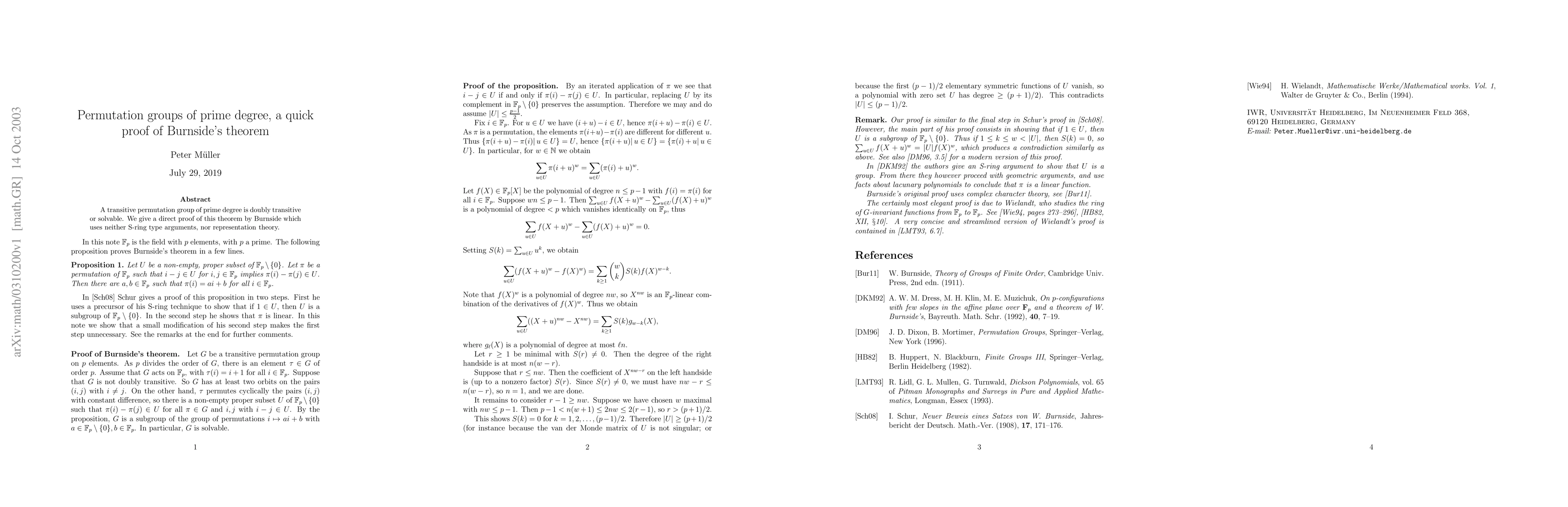 Thumbnail for Permutation groups of prime degree, a quick proof of Burnside's theorem