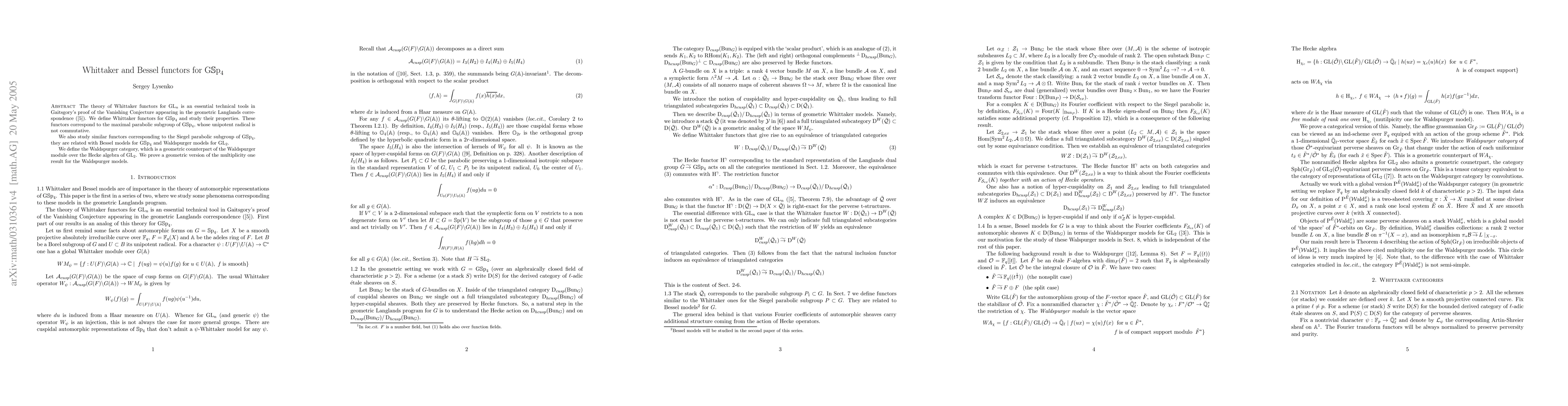 Thumbnail for Whittaker and Bessel functors for GSp_4