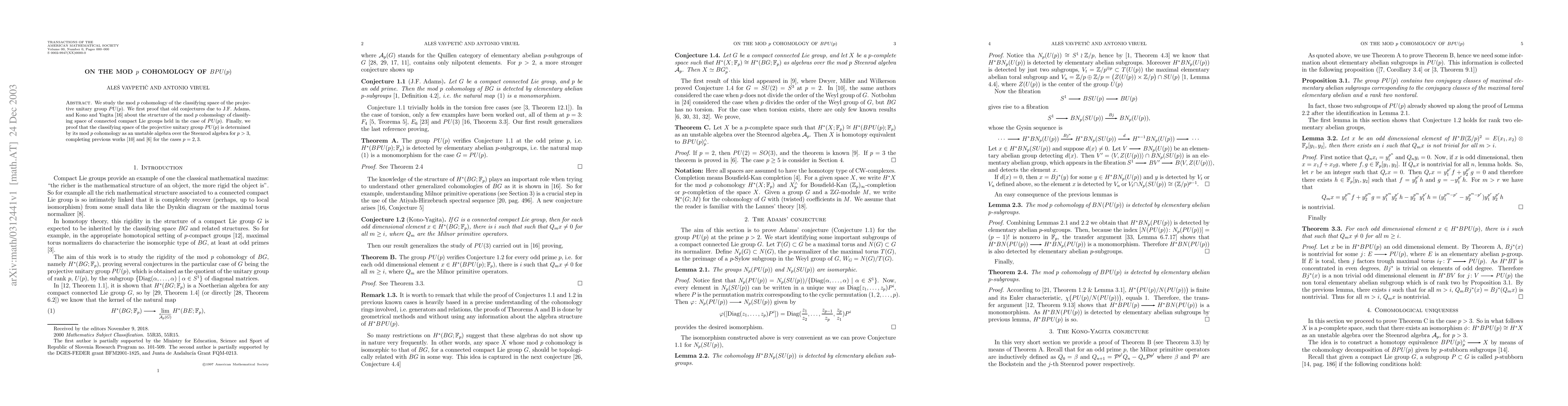 Thumbnail for On the mod p cohomology of BPU(p)
