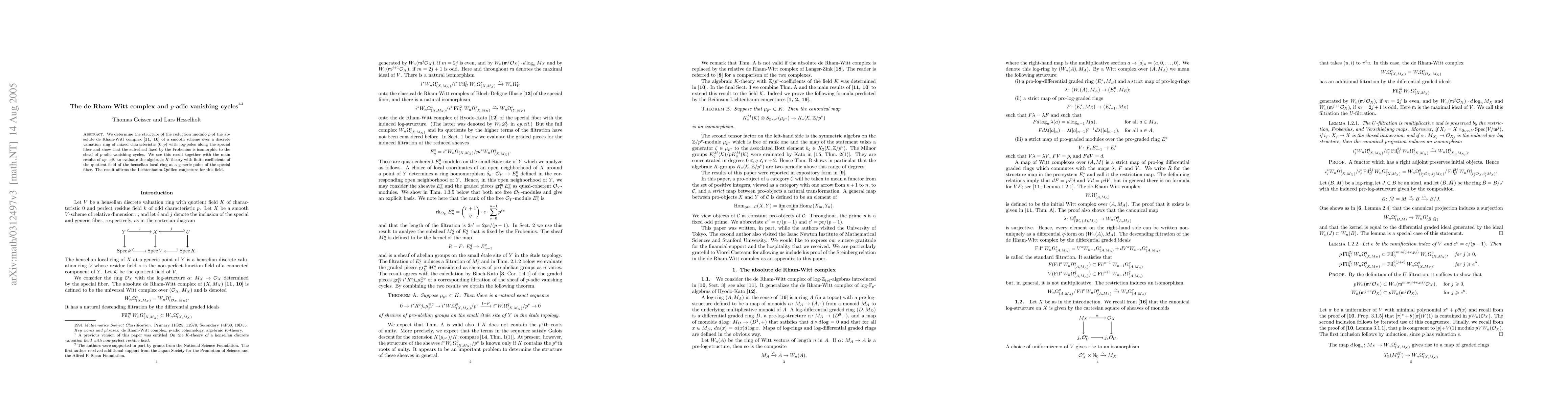 Thumbnail for The de Rham-Witt complex and p-adic vanishing cycles