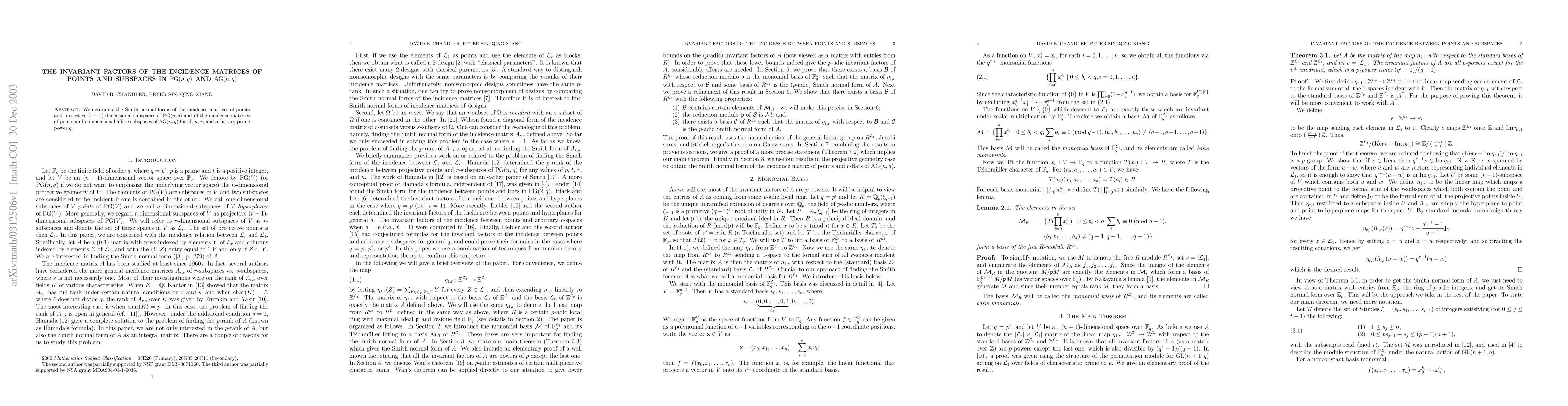 Thumbnail for The invariant factors of the incidence matrices of points and subspaces
  in PG(n,q) and AG(n,q)