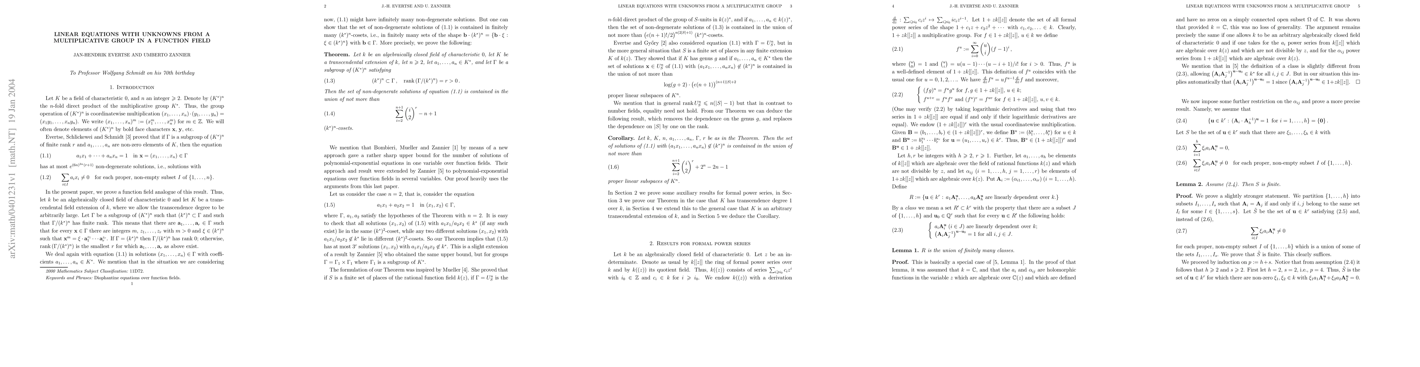 Thumbnail for Linear equations with unknowns from a multiplicative group in a function
  field