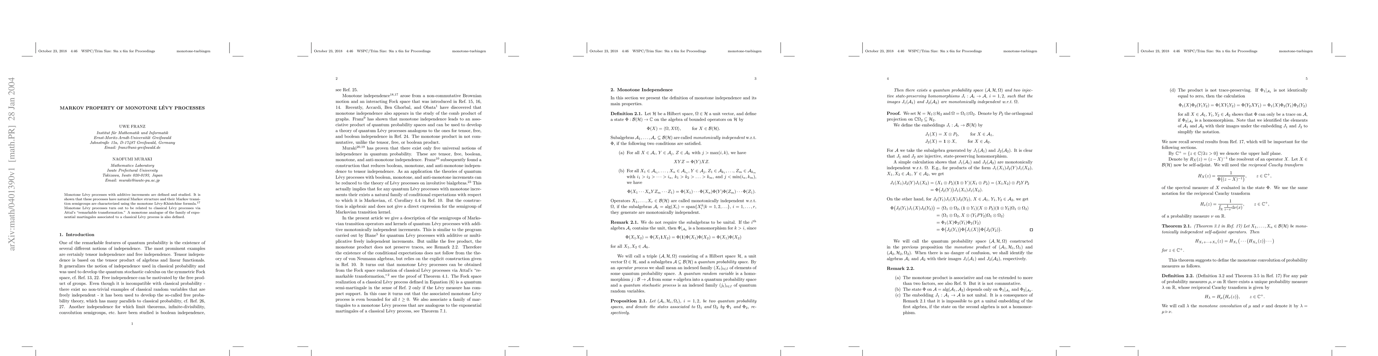 Thumbnail for Markov property of monotone L\'evy processes