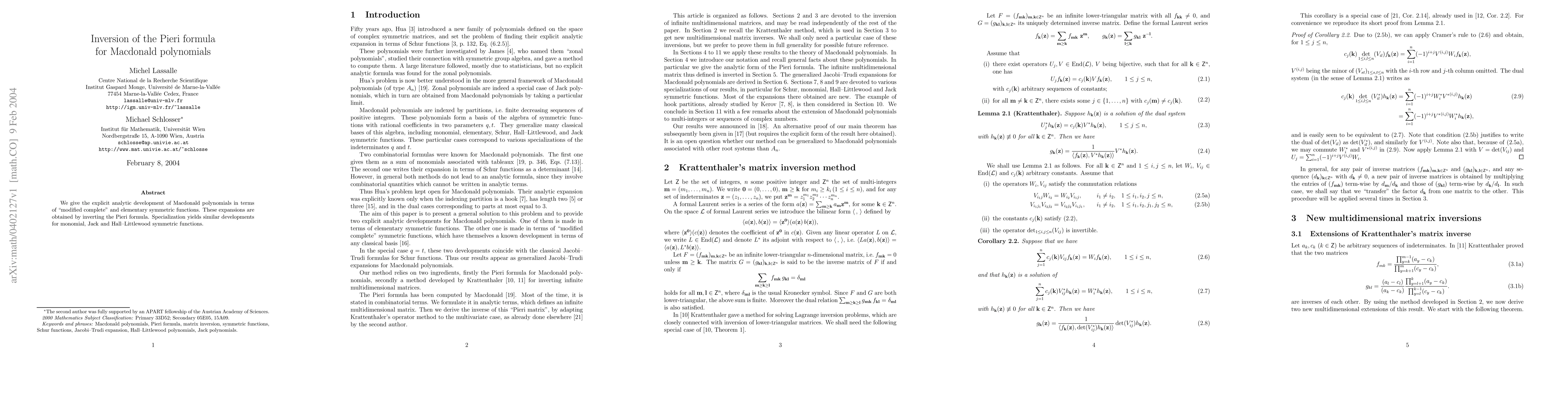 Thumbnail for Inversion of the Pieri formula for Macdonald polynomials