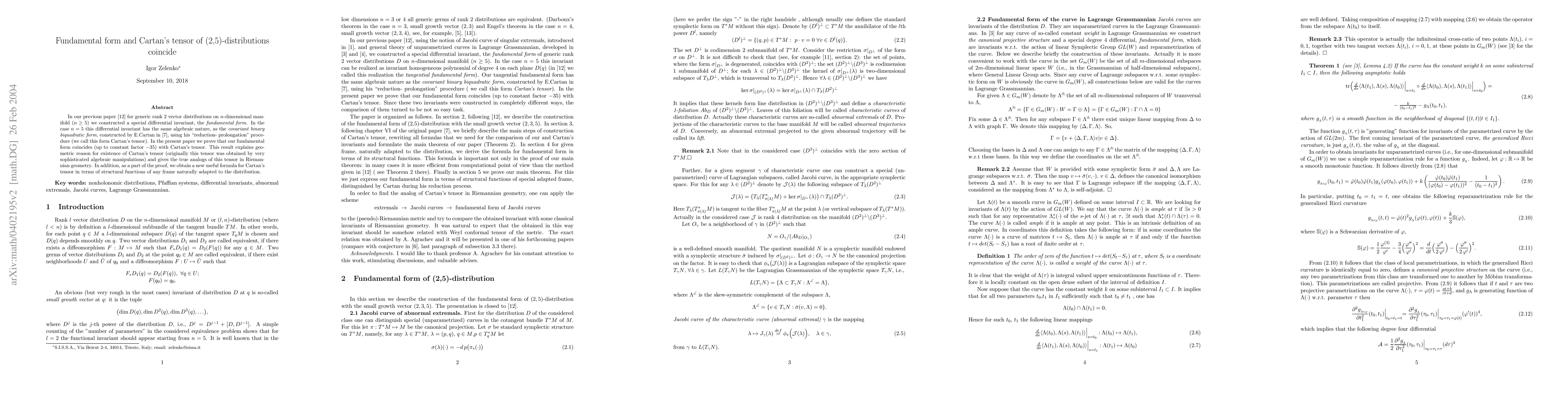 Thumbnail for Fundamental form and Cartan's tensor of (2,5)-distributions coincide