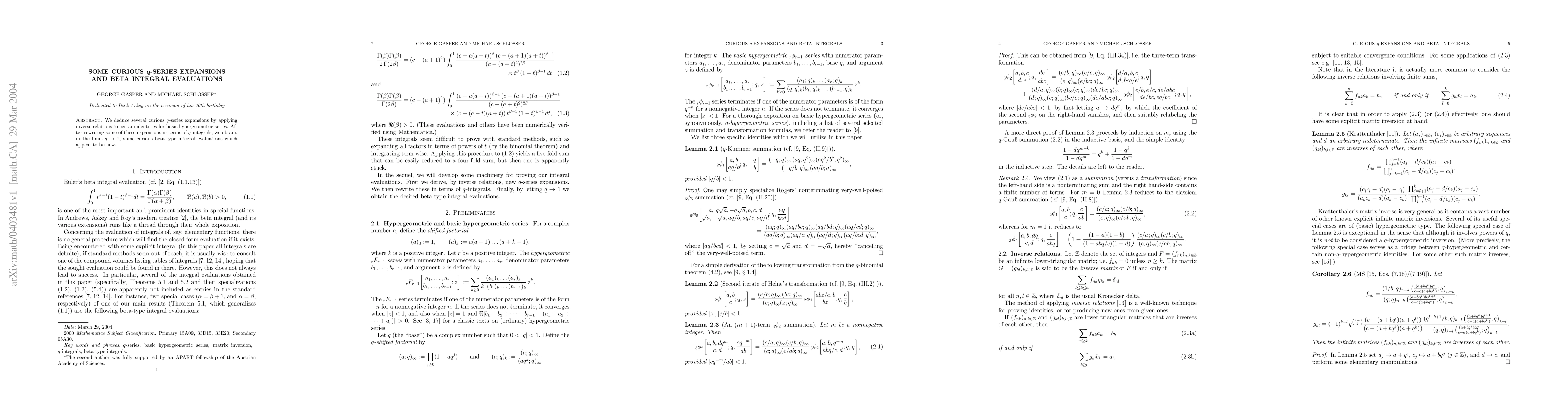 Thumbnail for Some curious q-series expansions and beta integral evaluations