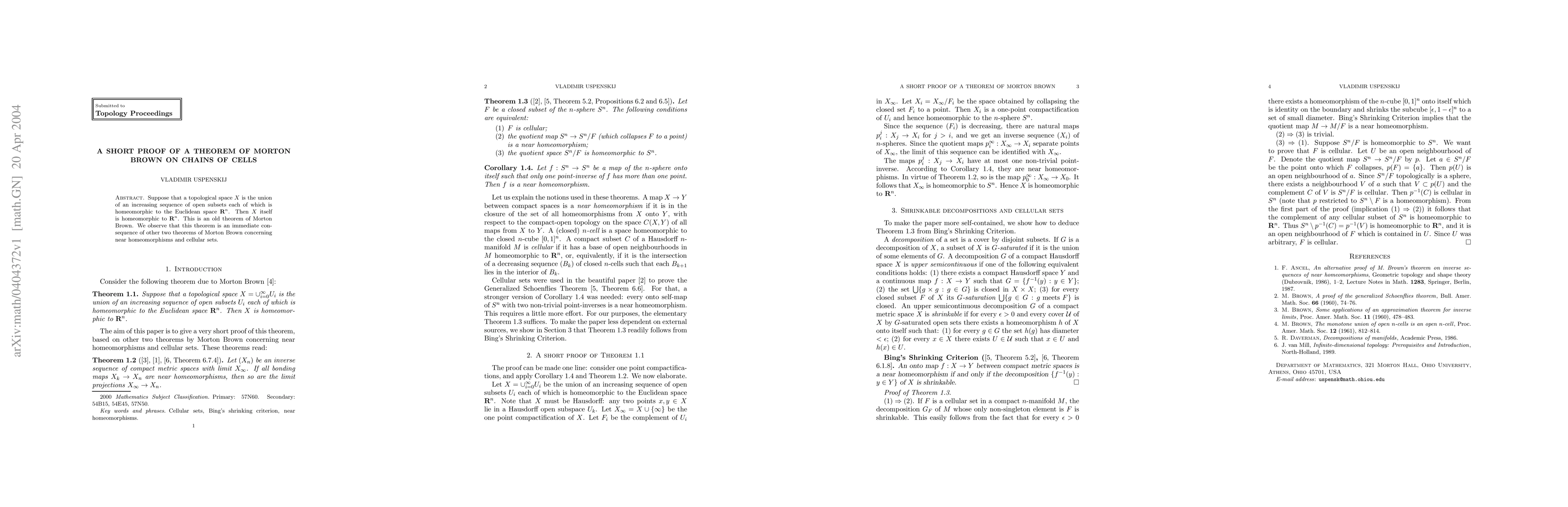 Thumbnail for A short proof of a theorem of Morton Brown on chains of cells
