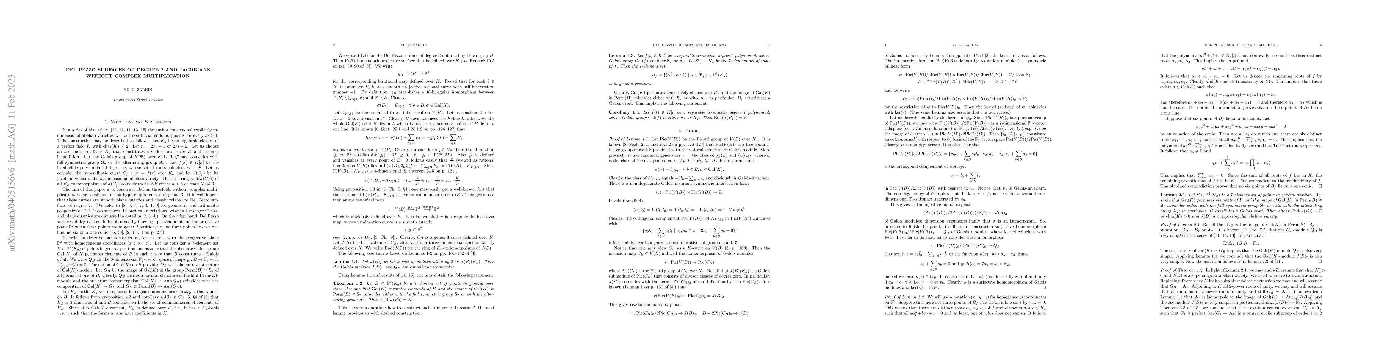 Thumbnail for Del Pezzo surfaces of degree 2 and jacobians without complex
  multiplication
