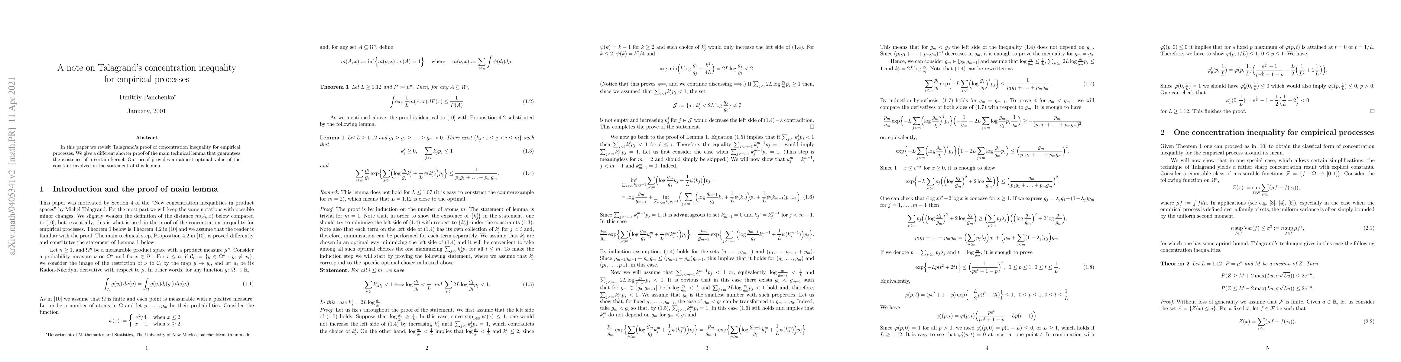 Thumbnail for A note on Talagrand's concentration inequality for empirical processes