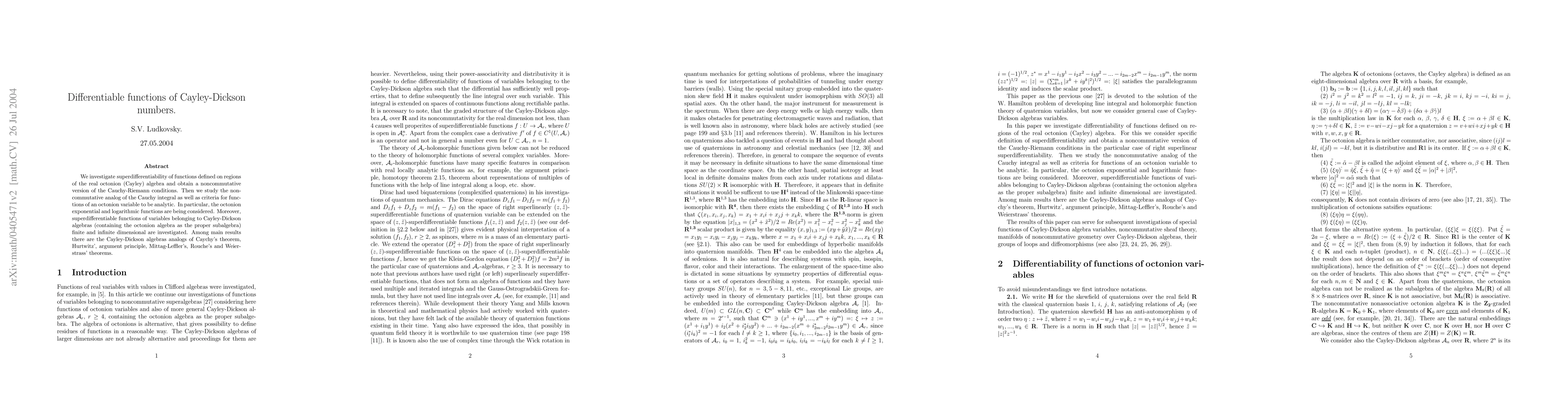 Thumbnail for Differentiable functions of Cayley-Dickson numbers