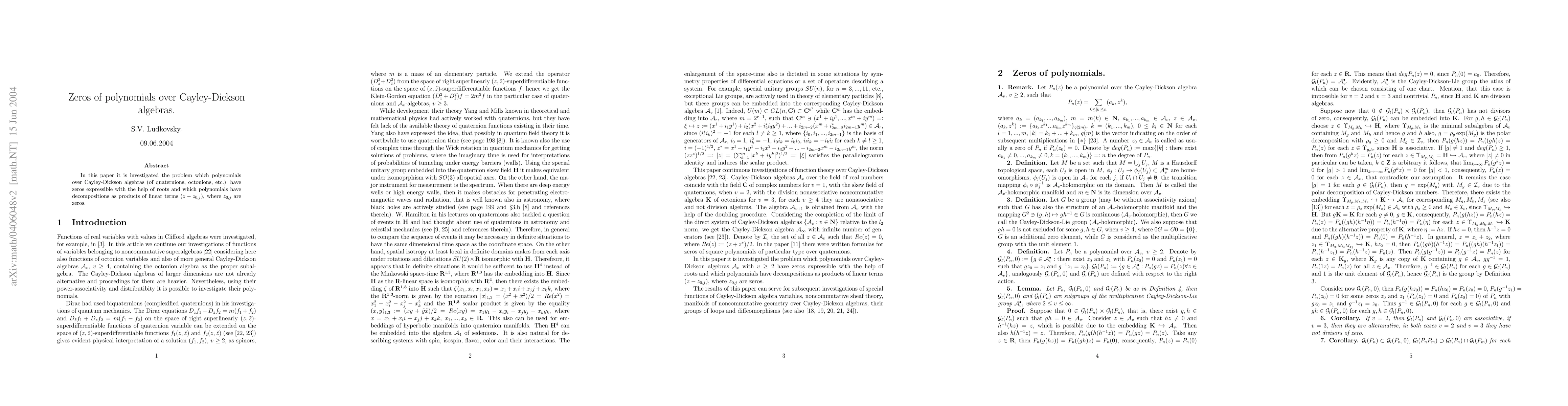 Thumbnail for Zeros of polynomials over Cayley-Dickson algebras