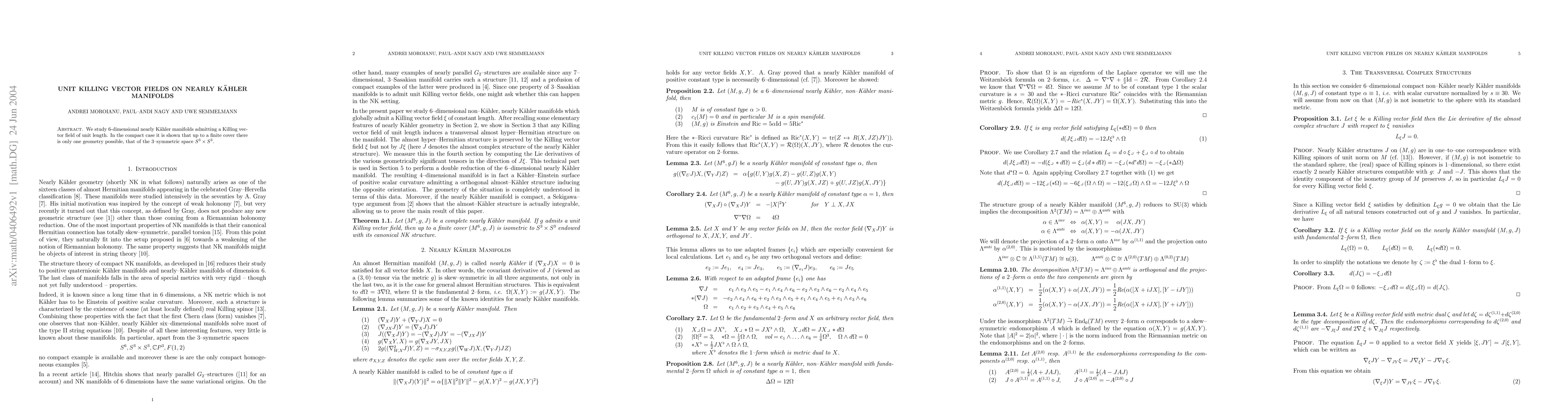 Thumbnail for Unit Killing Vector Fields on Nearly Kahler Manifolds